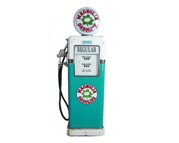 Vintage teal Magnolia Gasoline pump with white accents, circular logo, and