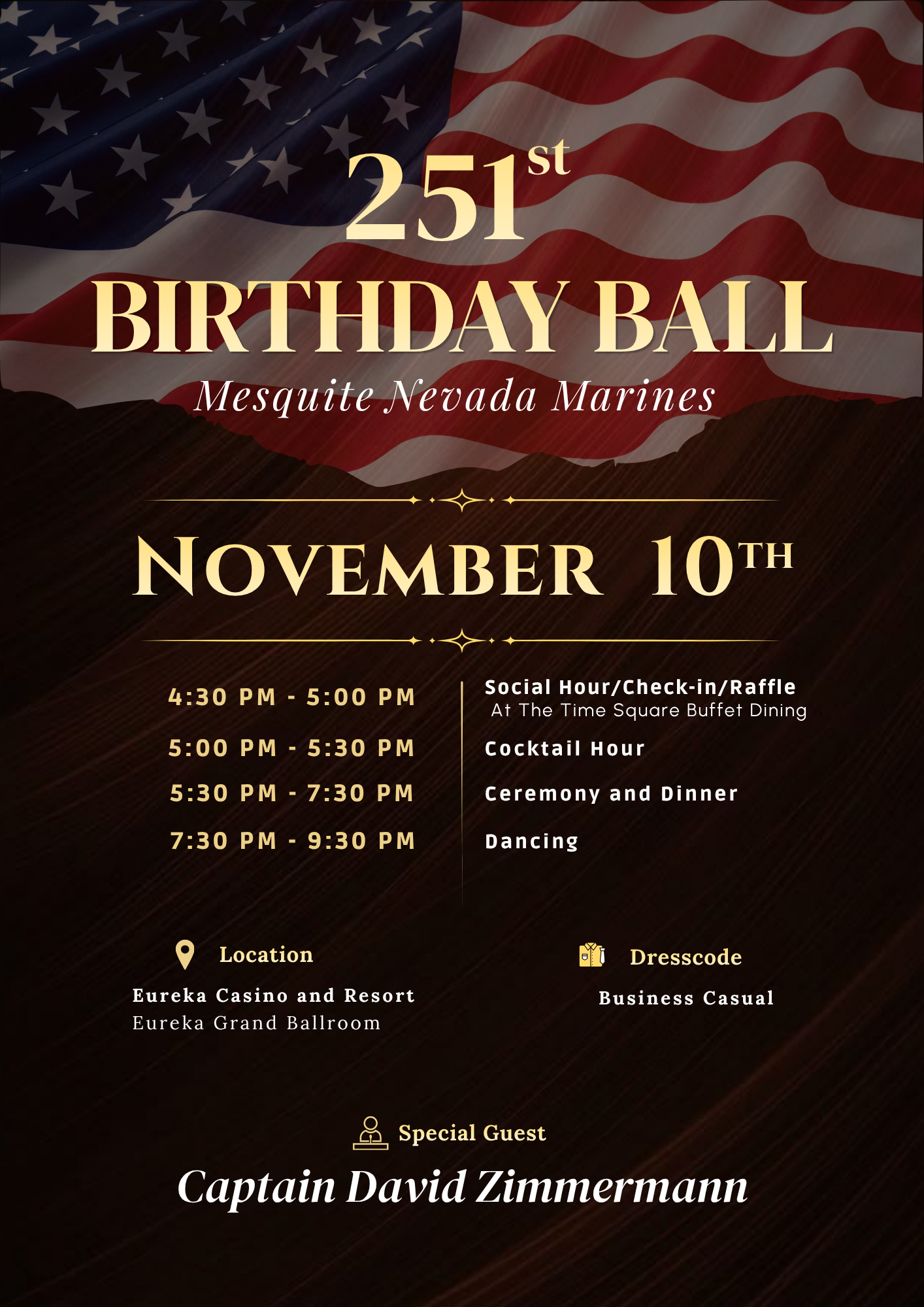 251st Birthday Ball event flyer with American flag background, November 10th, and Captain David Zimmerman in script