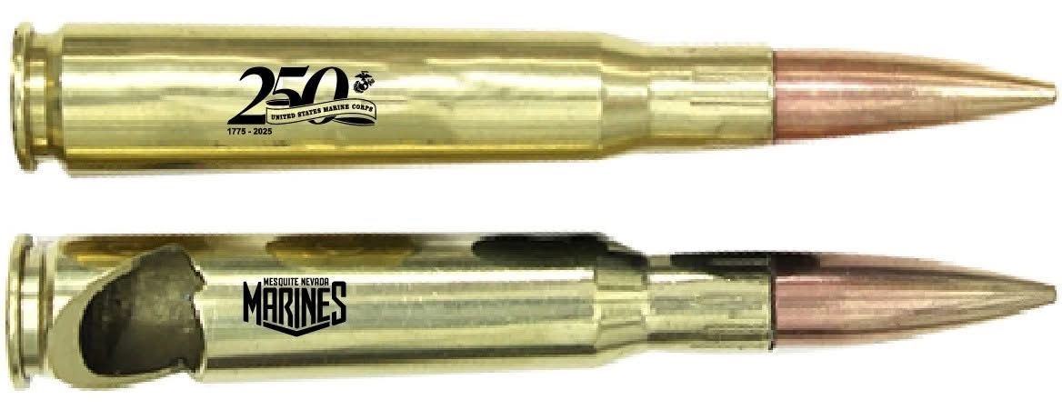 Two rifle cartridges shown side by side, one intact brass round and one cutaway revealing the hollow inside.