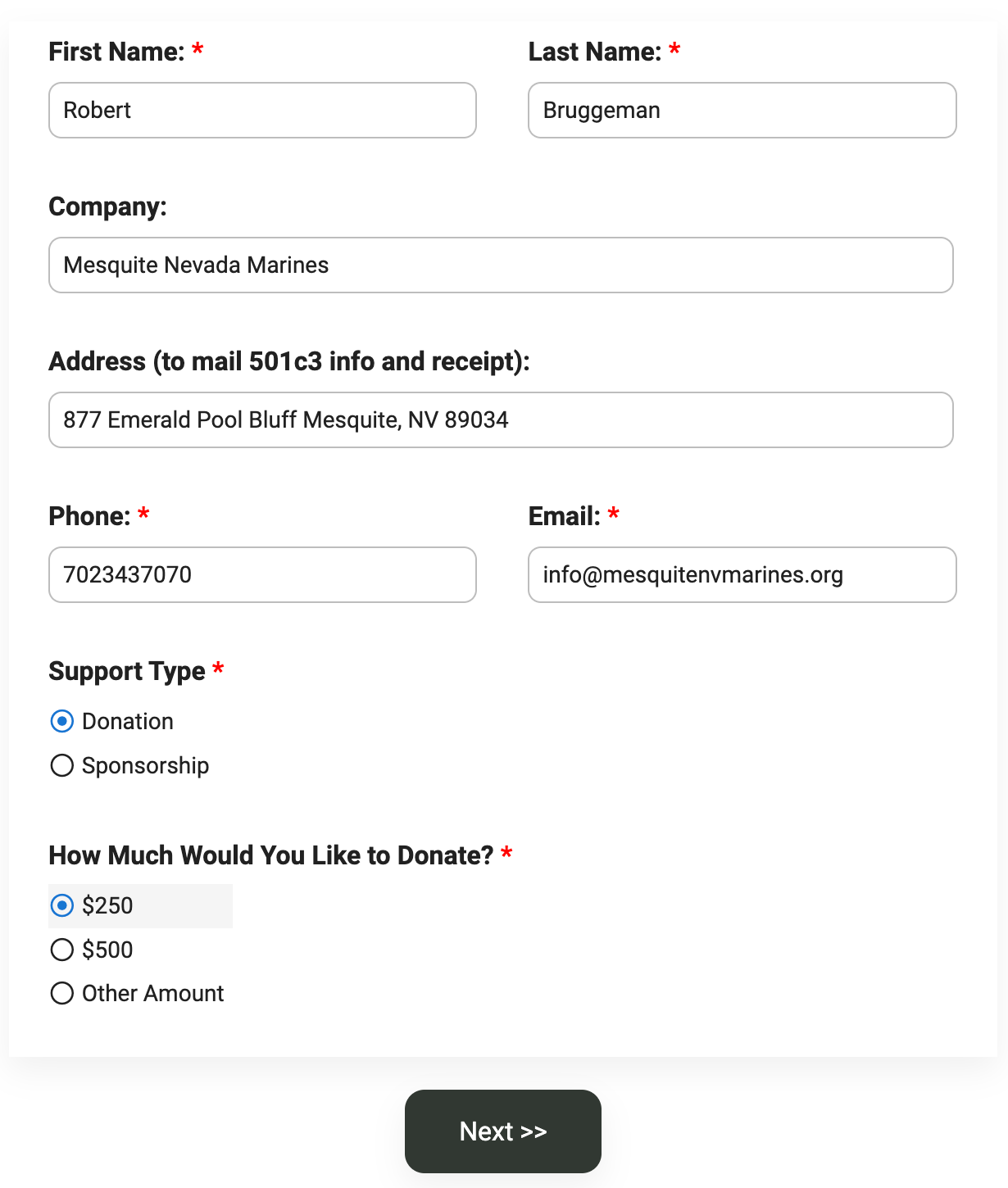 Donation/support form with name, company, address, phone, email fields and Next button