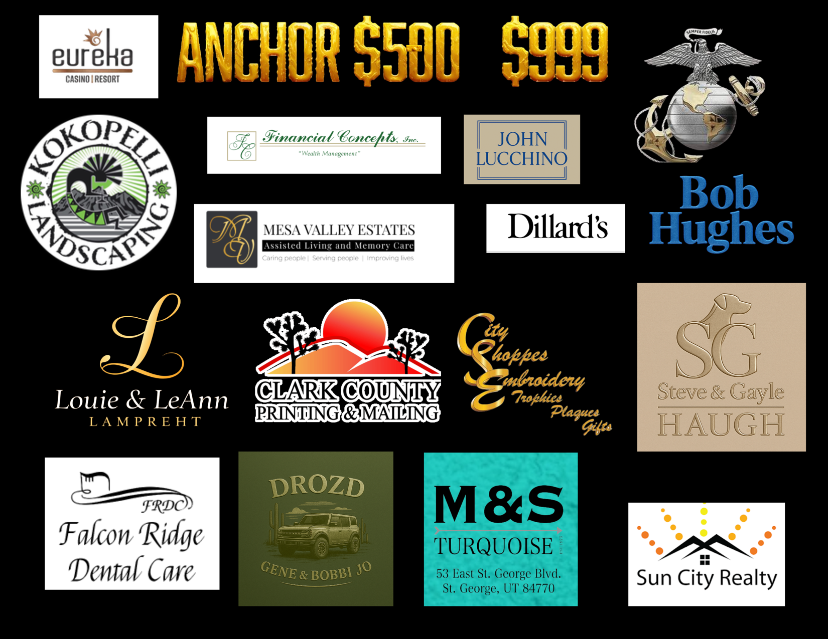 Collage of real estate and business logos on a black background, including “Anchor $500 $999” and “Bob Hughes.”