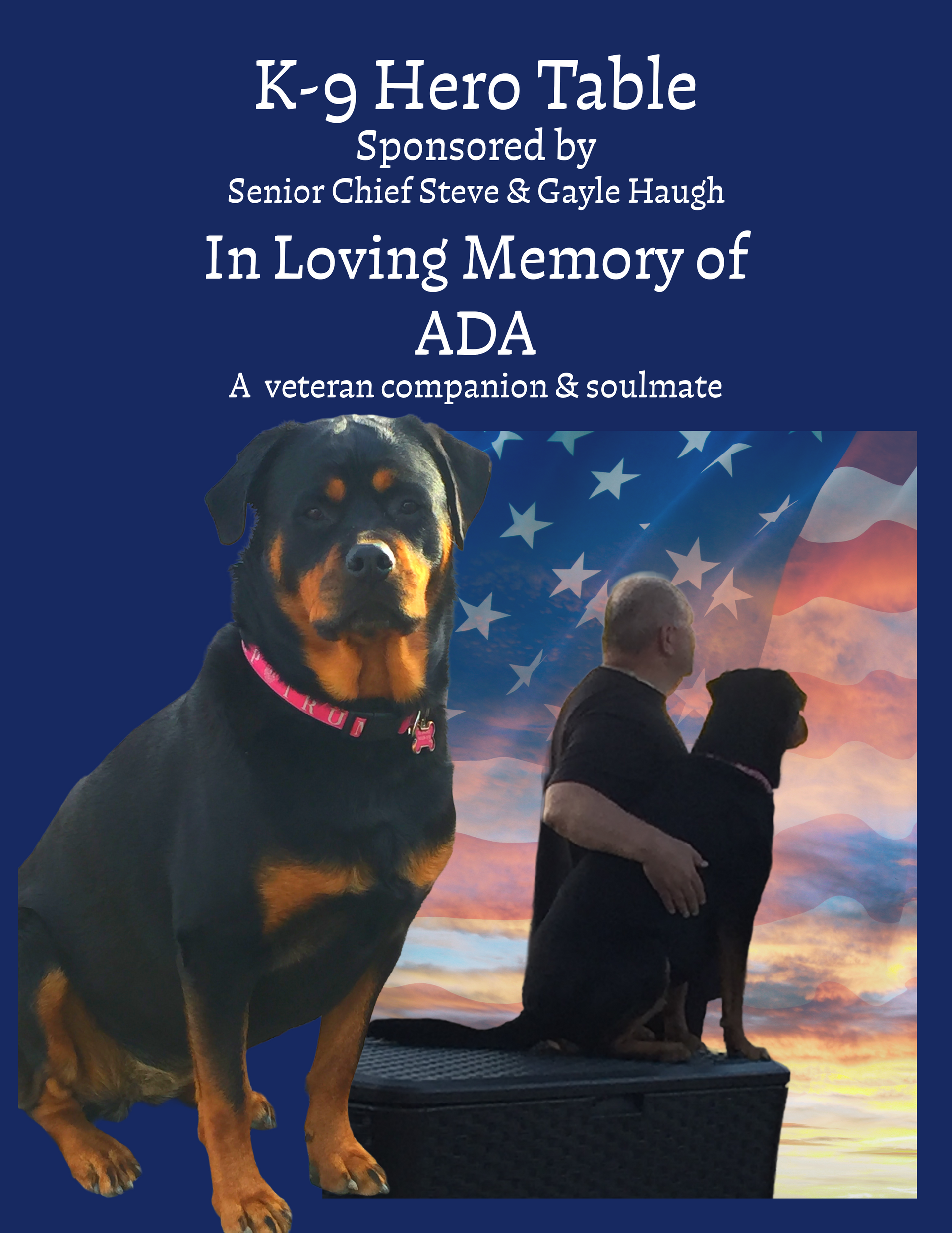 Dog memorial poster with a black-and-tan K-9 and a handler hugging at sunset, titled “In Loving Memory of ADA.”
