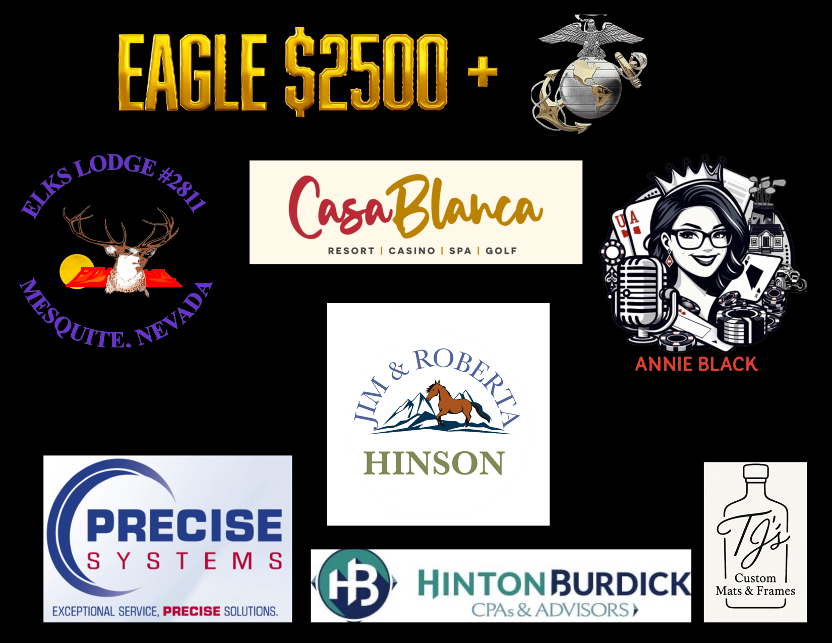 Sponsor collage with “Eagle $2500+” and multiple business logos on a black background