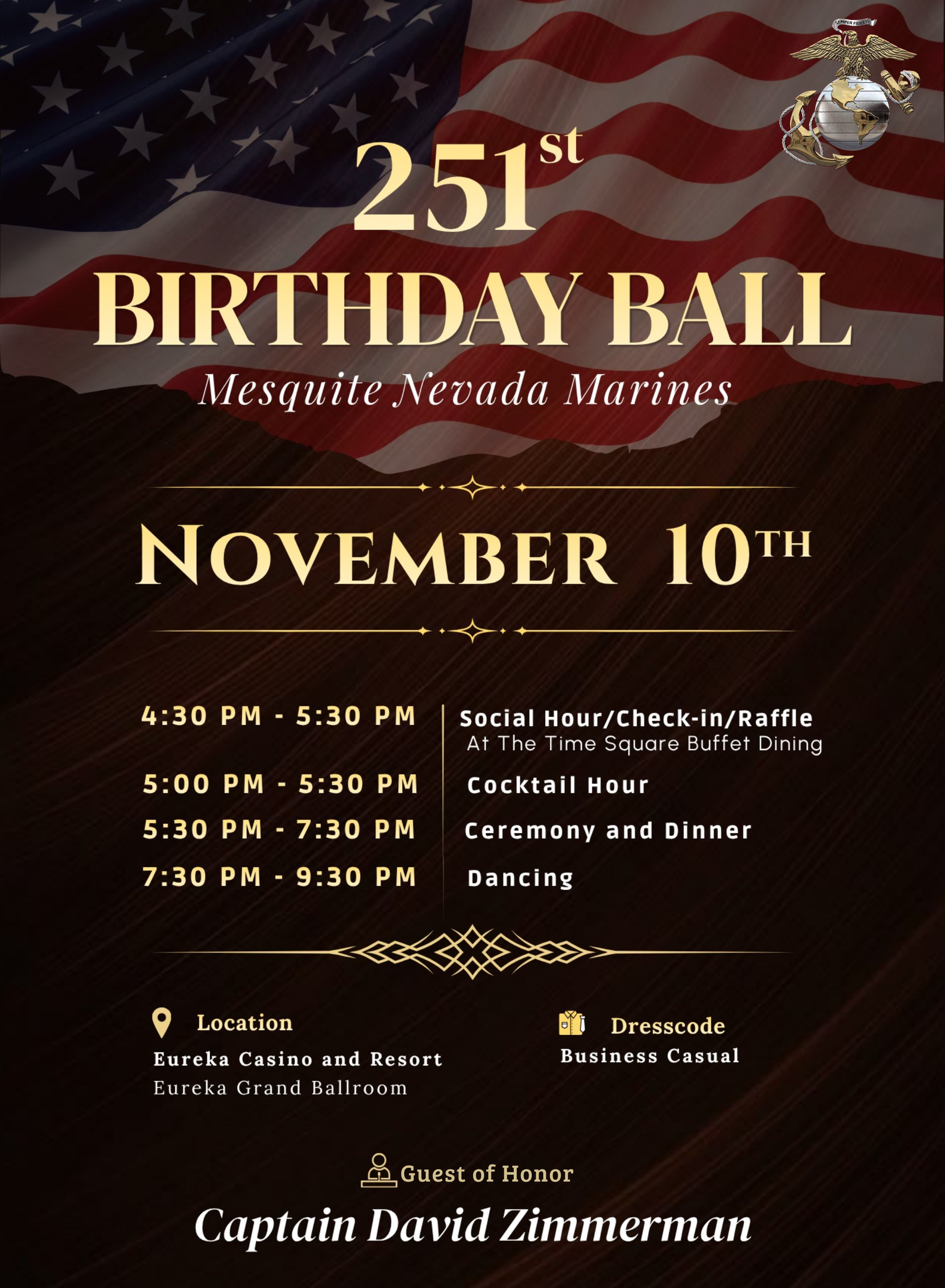 251st Birthday Ball poster for Mesquite Nevada Marines, November 10th, with dress code and event schedule
