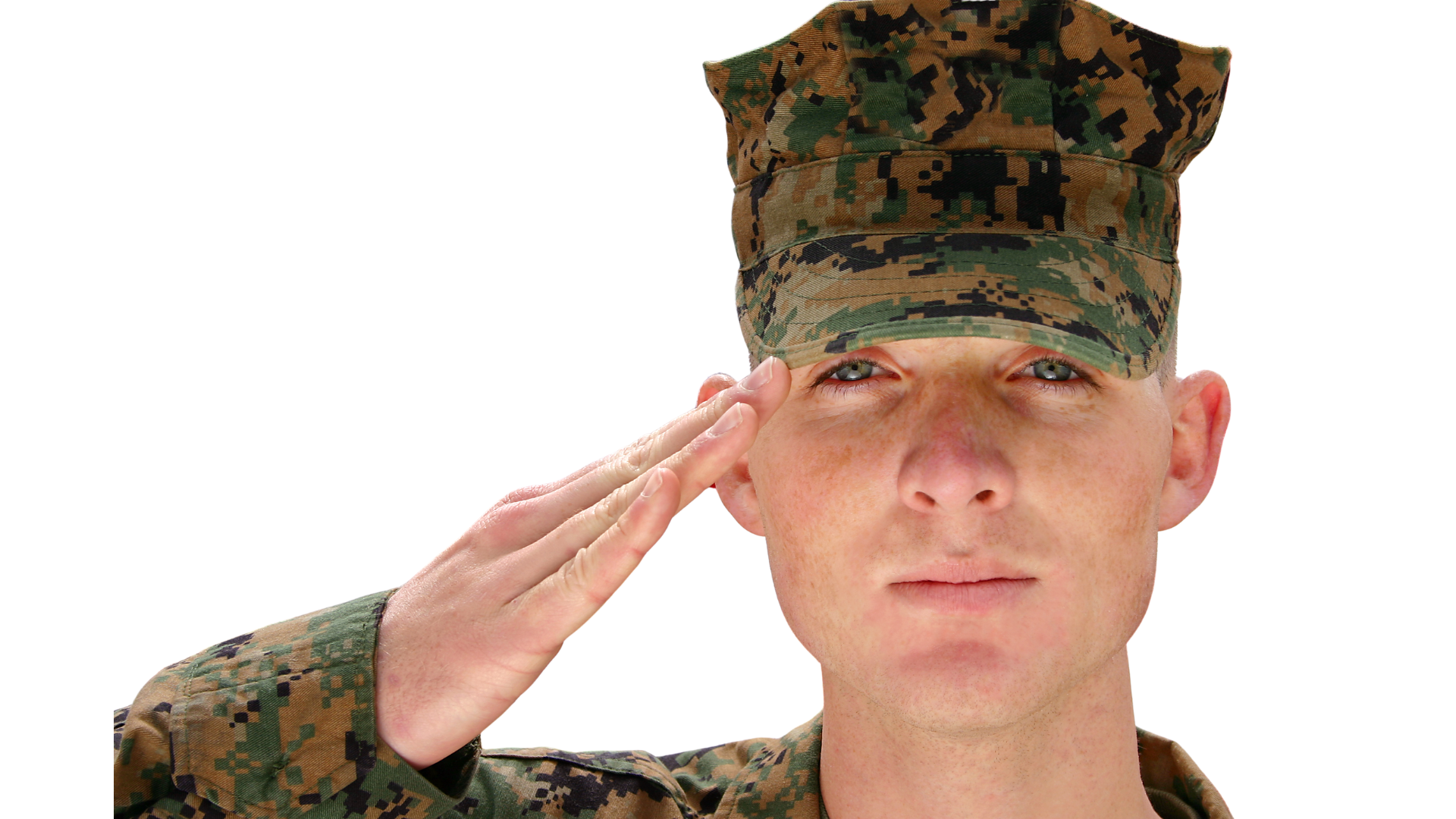Marine in camouflage uniform saluting against a white background