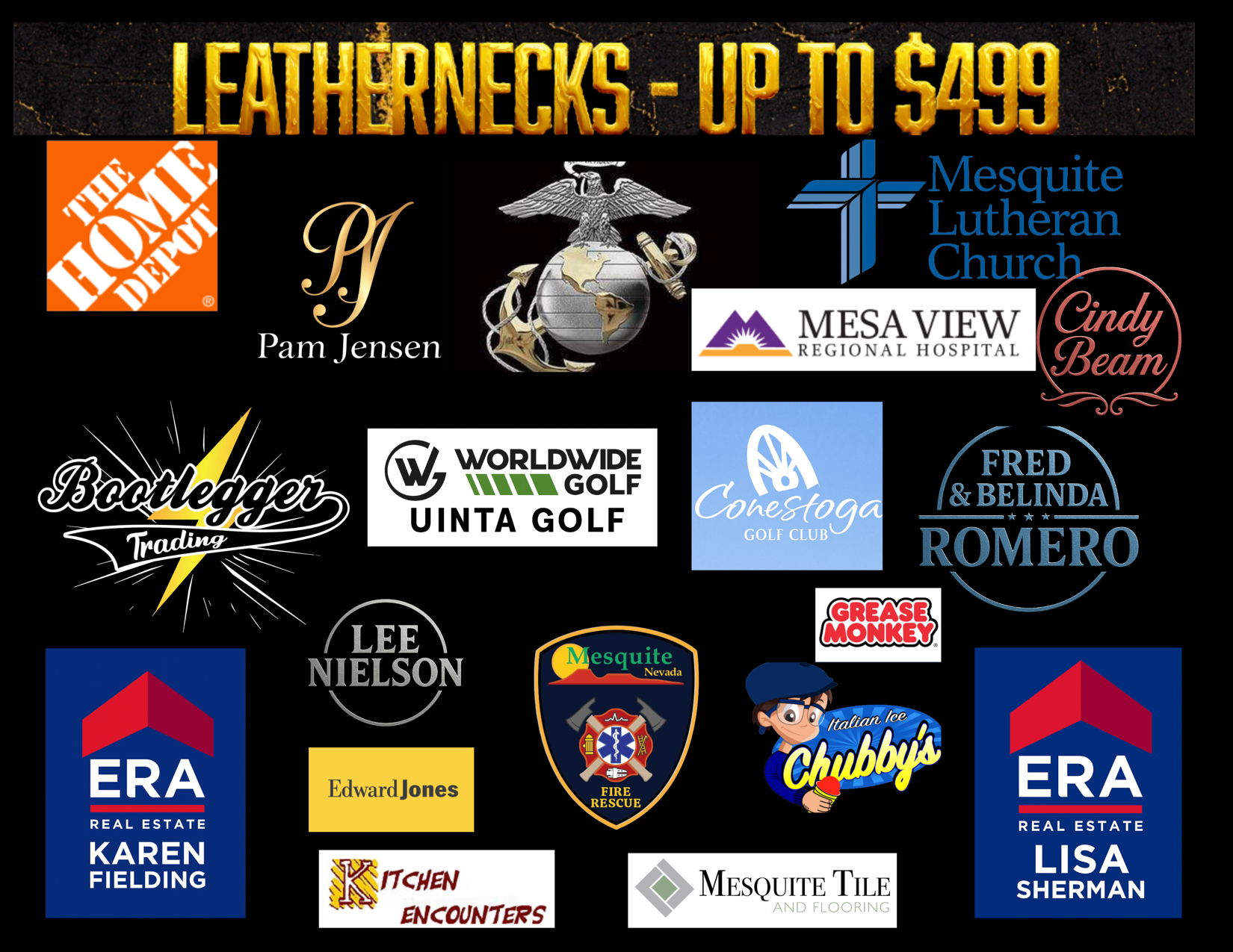 Black banner with church sponsor logos and “LEADERSHIPS - UP TO $499” in yellow text