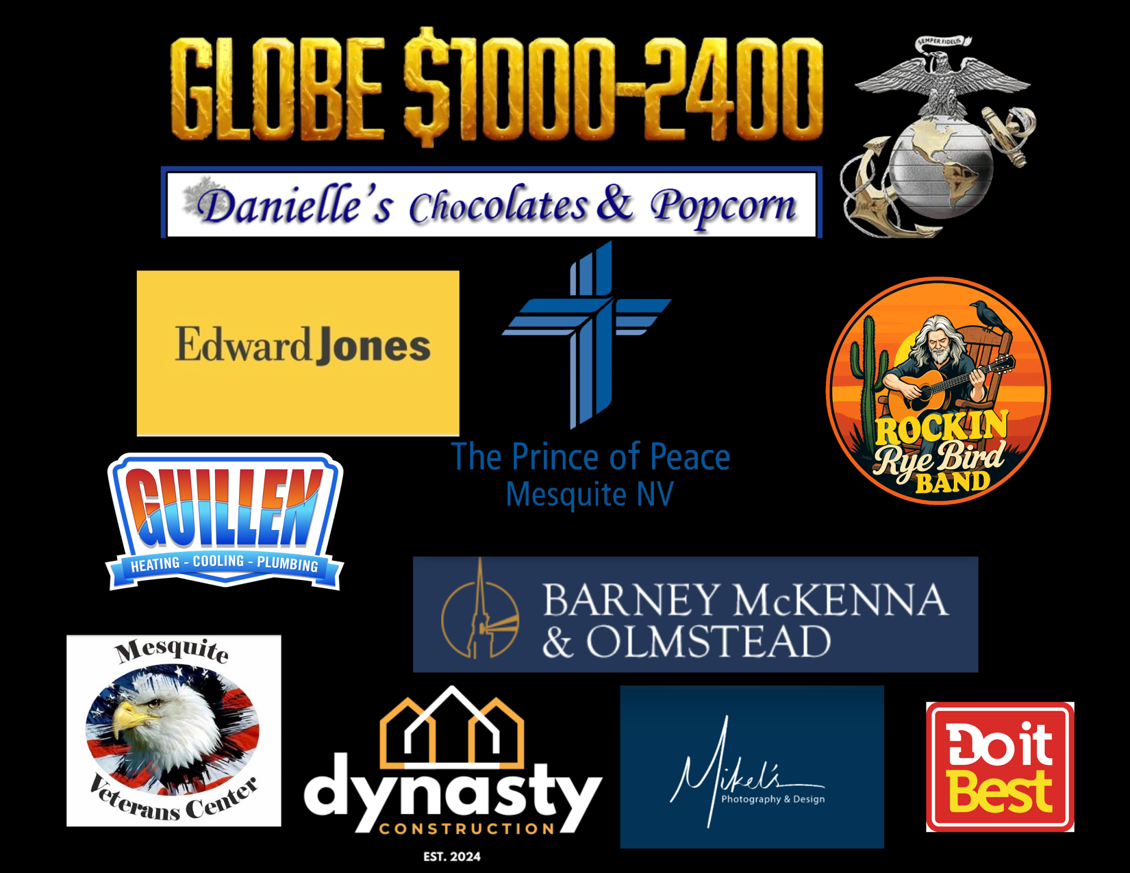 Sponsor logo collage for Globe S1000-2400, including Danielle's Chocolates & Popcorn, Edward Jones, and others