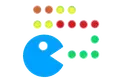 Blue Pac-Man-style logo 