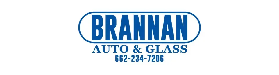 Brannan Auto & Glass logo in blue with phone number 662-234-7208