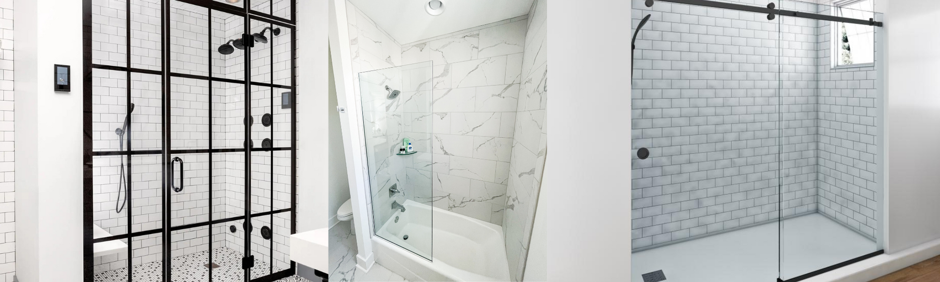 Three modern shower enclosures with black frames and white tile walls