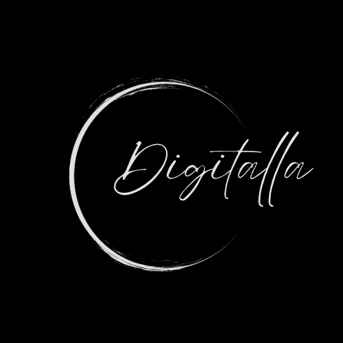 A black and white logo with the word digitalla in a circle on a black background.