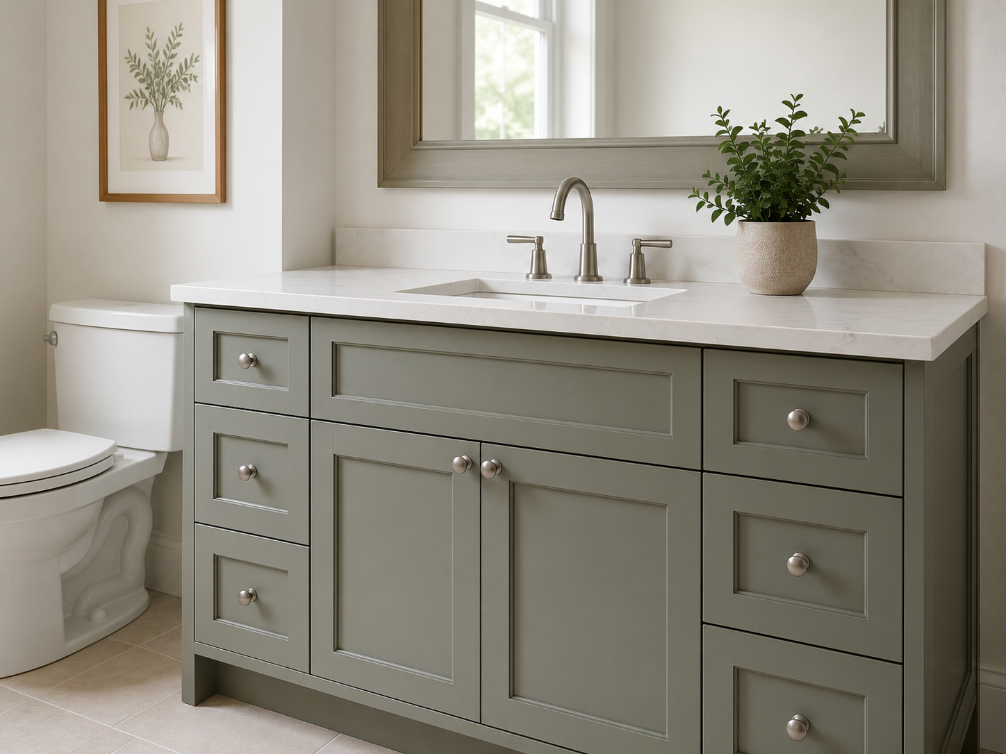 Freshly painted bathroom vanity in a bright clean bathroom