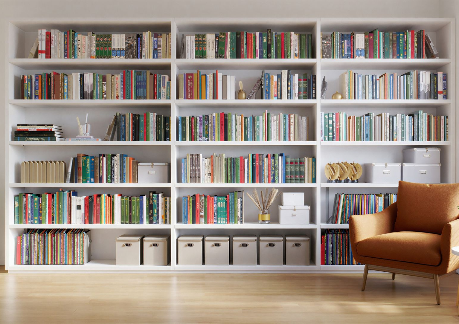 Painted built-in shelving in a bright home interior