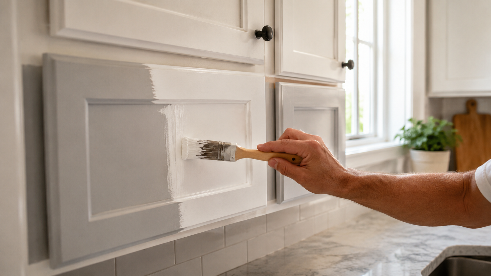 Capital Painters painting kitchen cabinets in a Connecticut home