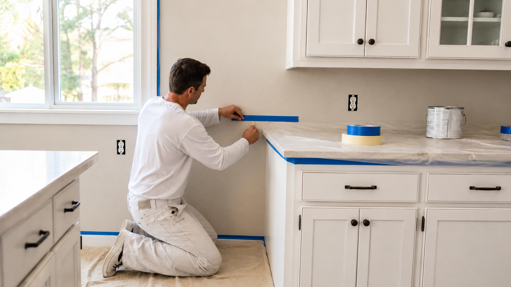 Professional painter preparing an older Connecticut home before interior painting