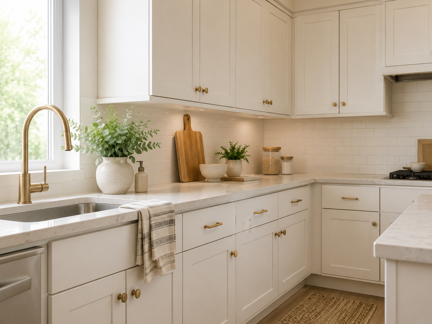 Refinished kitchen cabinets in a bright modern kitchen