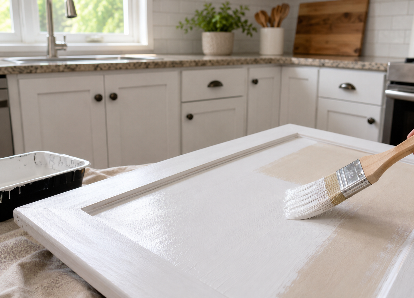 Kitchen cabinet door being painted in a bright kitchen