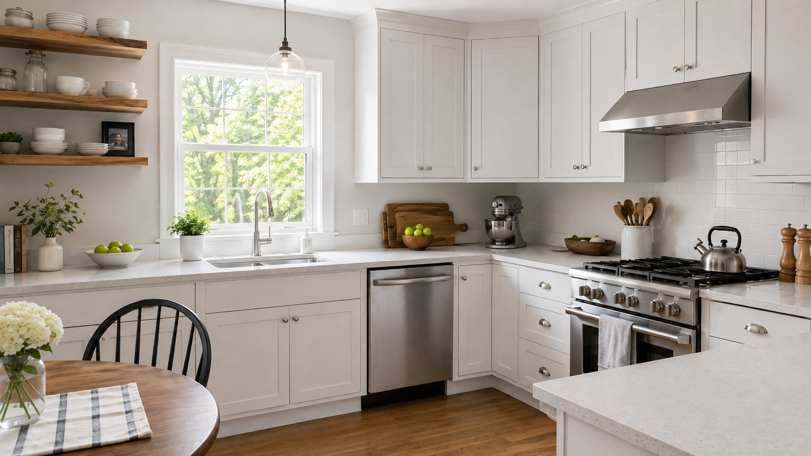 Professionally painted kitchen cabinets in a bright Connecticut home