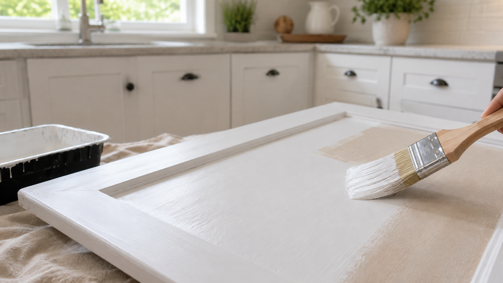 Cabinet door being painted during a professional cabinet refinishing project