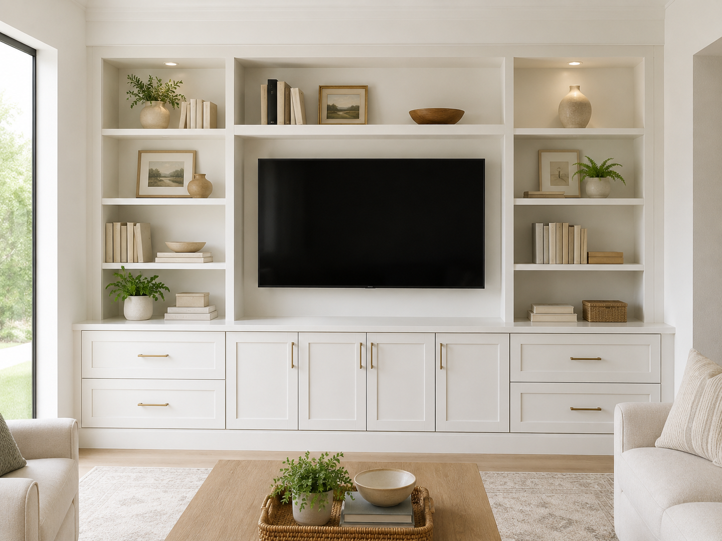 Painted built-in entertainment center with shelves and TV