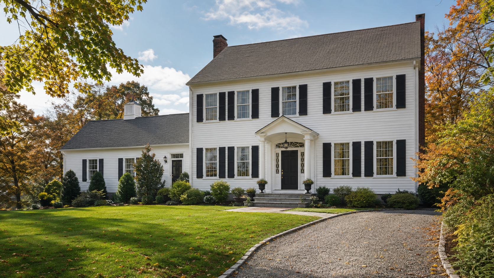 xFreshly painted exterior of a classic Connecticut colonial home with white wood siding
