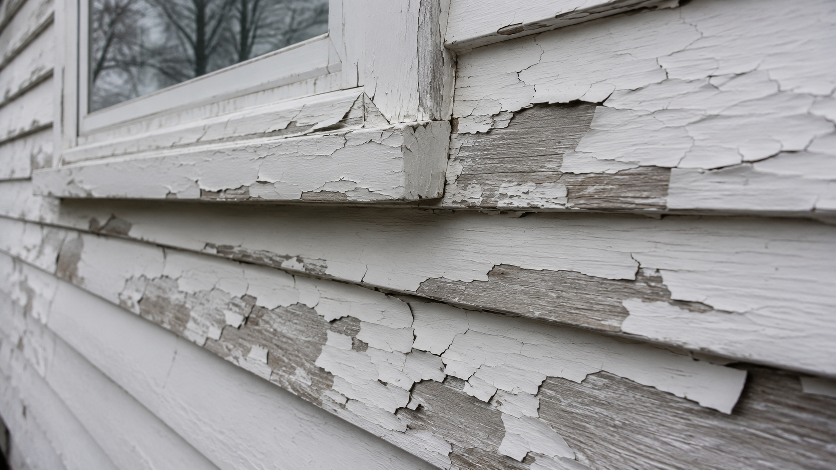 Peeling and cracking exterior paint on wood clapboard siding of an older Connecticut home after winter freeze-thaw damage