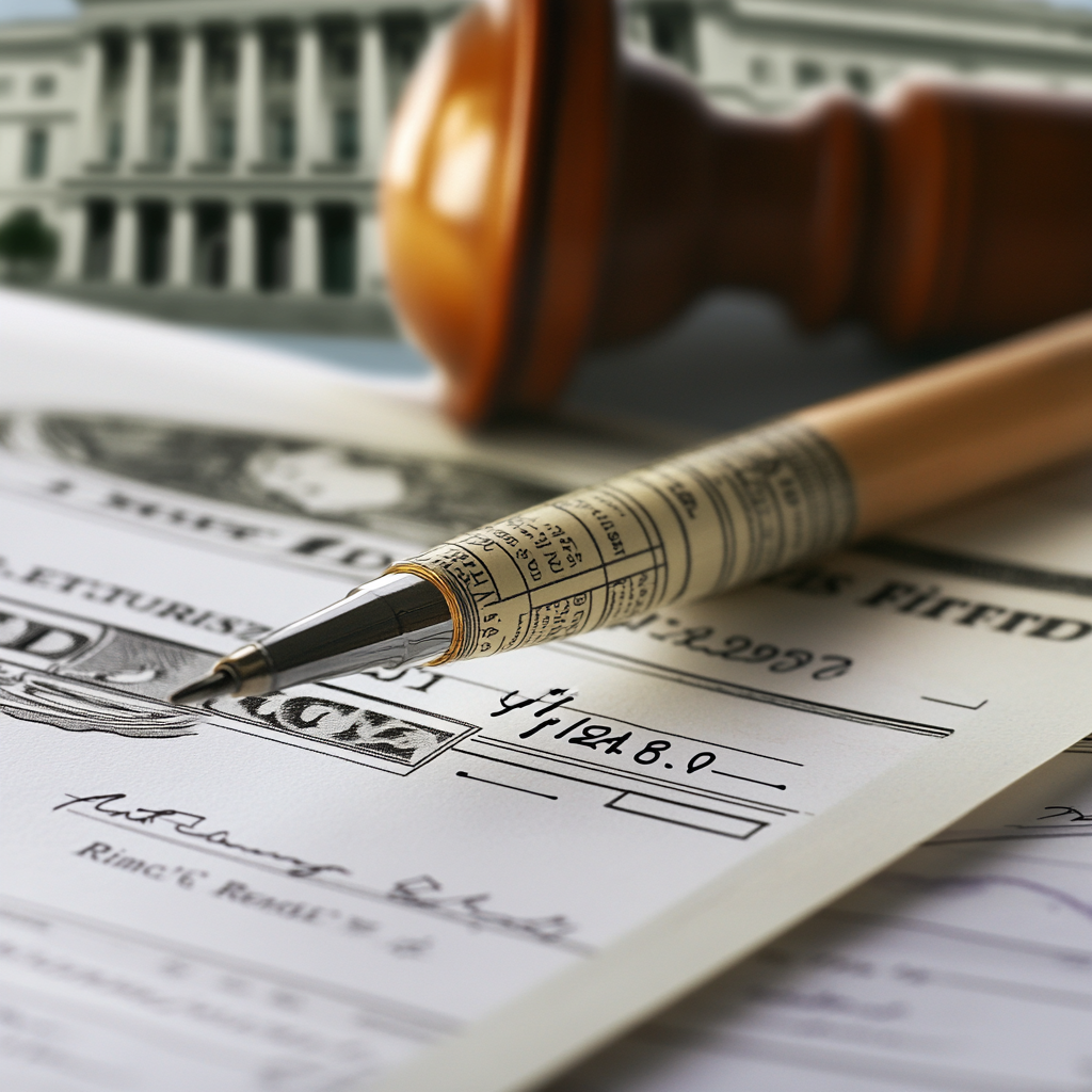 A pen is laying on top of a check with a stamp on it