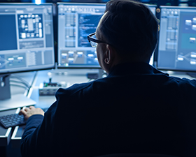 A man is sitting in front of three computer monitors.