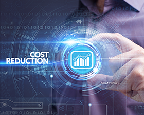 A person is pressing a button on a screen that says cost reduction.