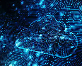 A cloud is sitting on top of a blue circuit board.