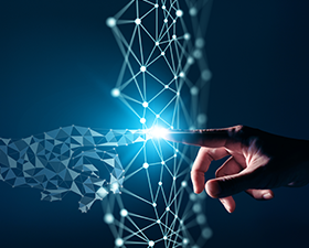 A hand is touching a digital screen with a light coming out of it.