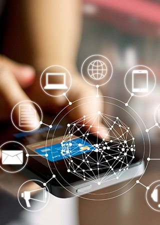 A person is using a smart phone with icons on the screen.