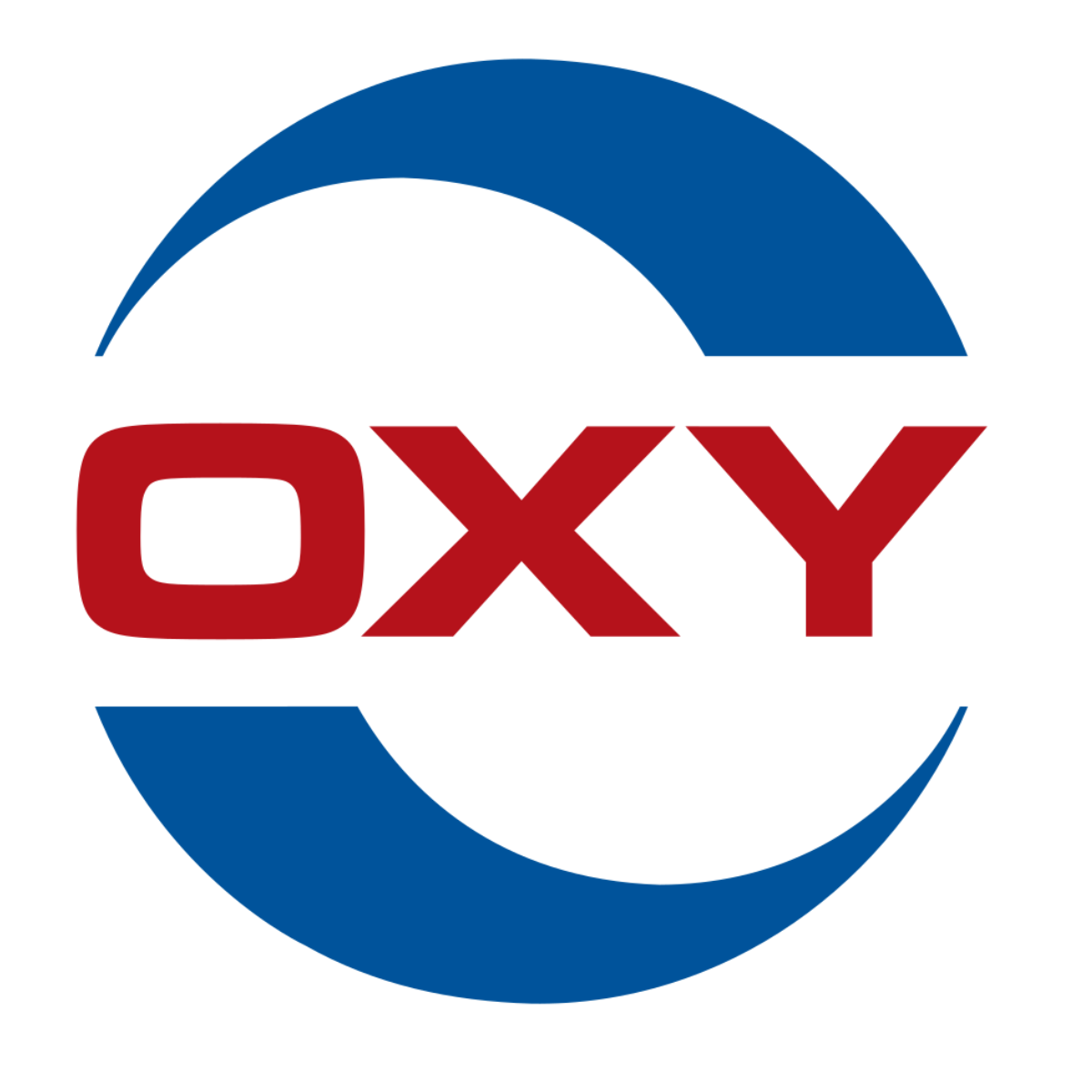 A blue and white circle with the word oxy in red