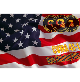 US flag background with Combat Veterans Motorcycle Association logos, text
