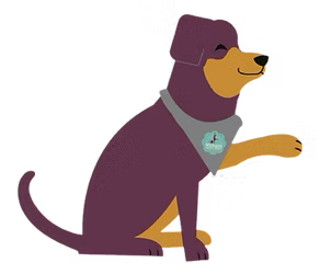 A cartoon brown dog wearing a grey bandana with a logo, sitting and waving its paw with a cheerful expression.