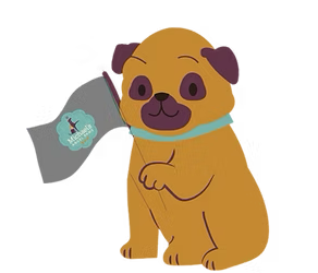A brown pug with a teal collar sits holding a grey flag featuring a small logo.