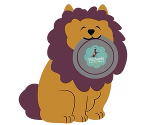 A cartoon dog with a dark mane holding a gray frisbee with the Michaels Angel Paws logo in its mouth.