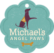 A teal scalloped pet tag logo for