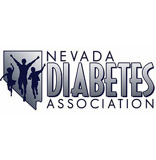 Logo for the Nevada Diabetes Association, showing a gray map of Nevada with three silhouettes running inside it.