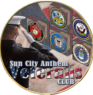 A service member salutes beside the logos of the five U.S. military branches, labeled Sun City Anthem Veterans Club.