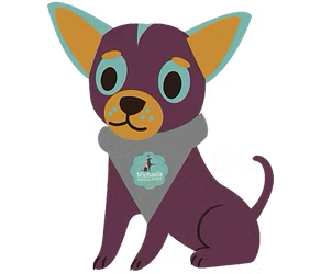 A cartoon dark purple Chihuahua with large teal eyes wearing a grey bandana with a small logo on it.