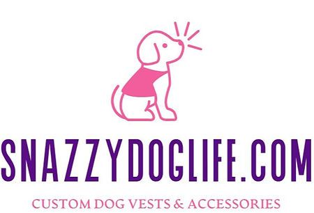 Logo for snazzydoglife.com showing a pink outlined dog in a vest with text,