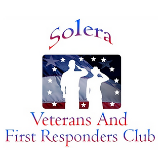 Logo for Solera Veterans and First Responders Club, featuring two silhouettes saluting against an American flag background.