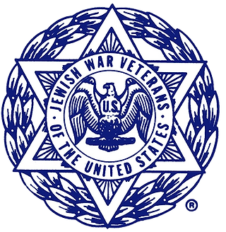 The blue and white emblem of the Jewish War Veterans of the United States, featuring a Star of David, eagle, and wreath.