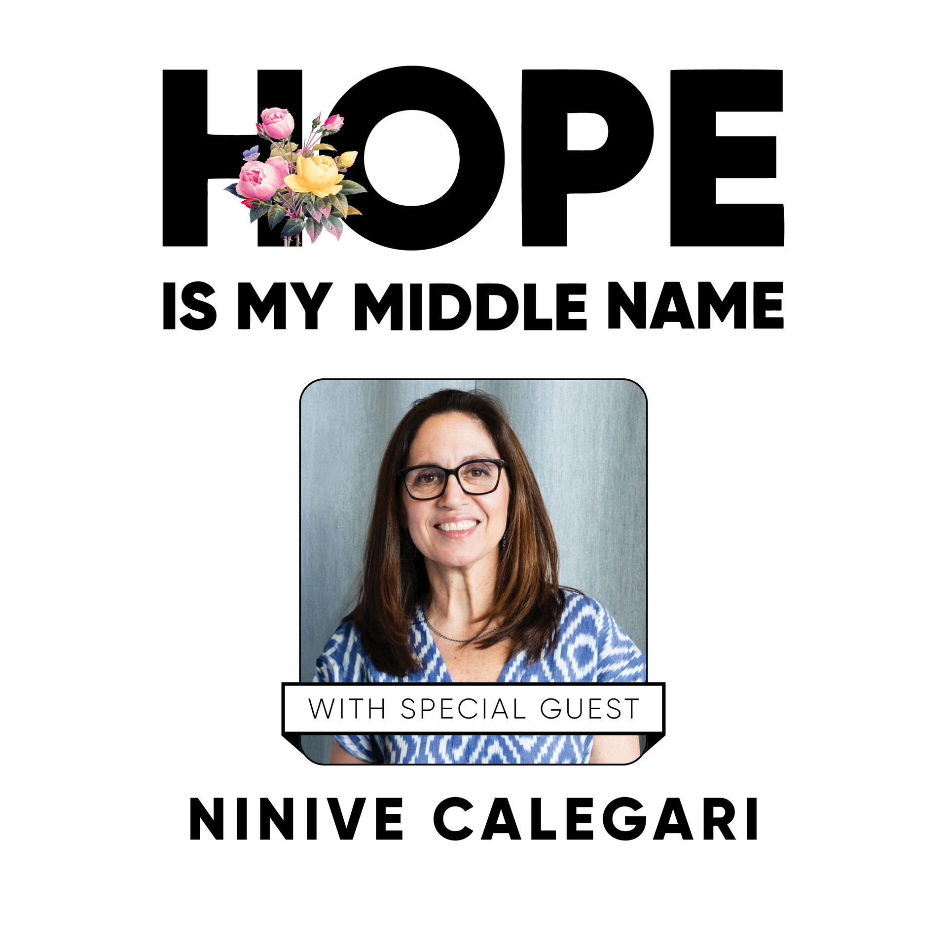 A poster that says hope is my middle name with a picture of a woman holding a goat.