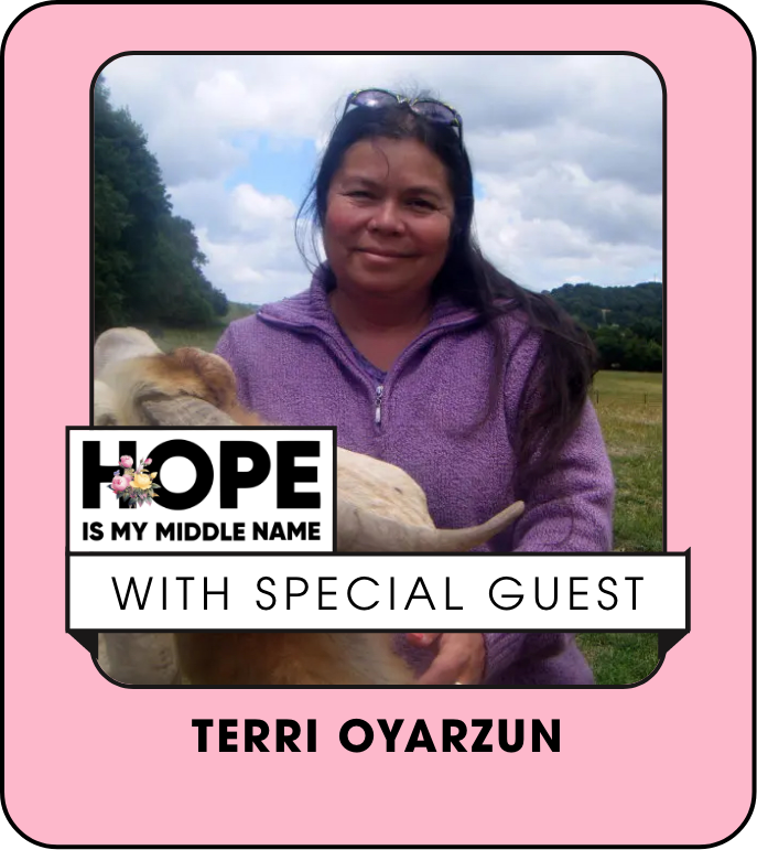 A picture of a woman holding a goat with the words hope is my middle name