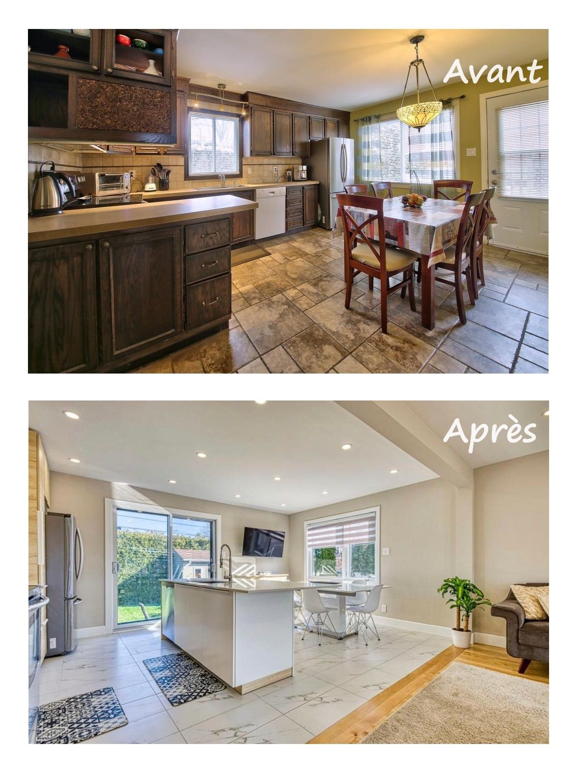 Comparaison avant et après la rénovation d'une cuisine, montrant le passage d'armoires en bois foncé à un espace blanc moderne et lumineux.
