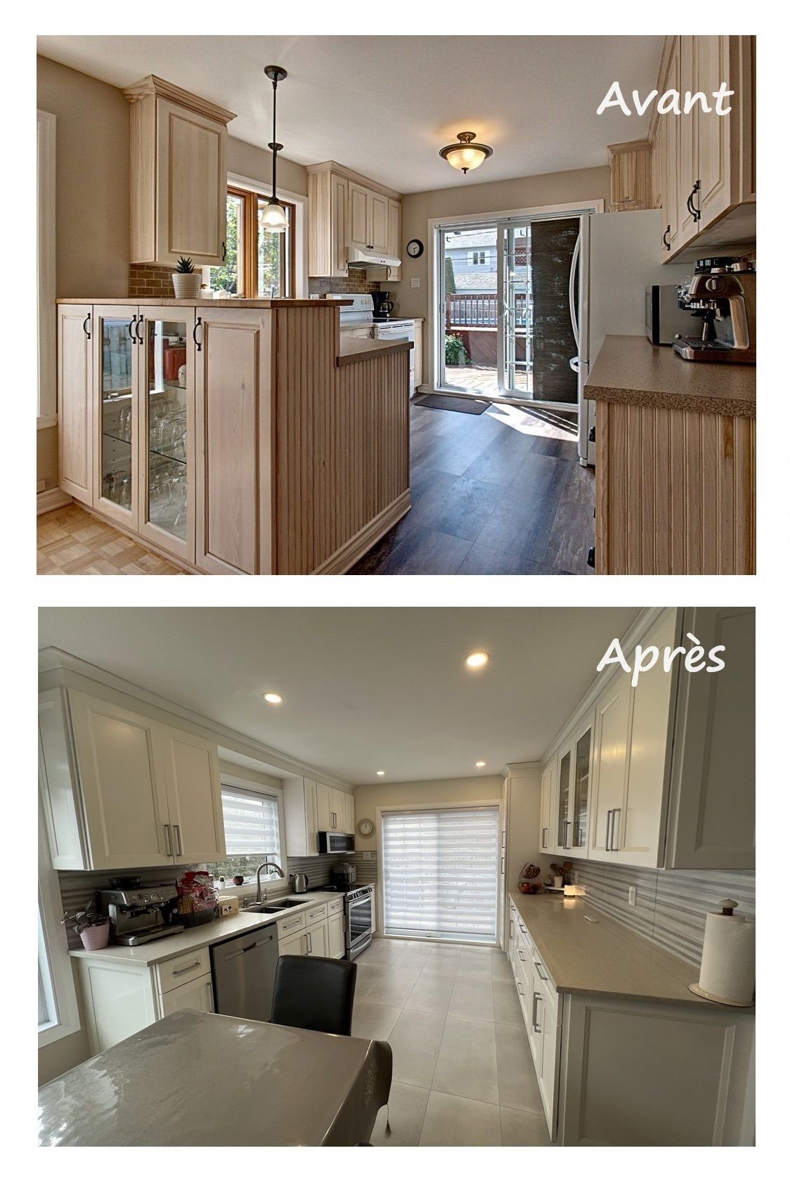 Photos avant et après la rénovation d'une cuisine présentant de nouveaux placards blancs, un éclairage moderne et un sol clair.