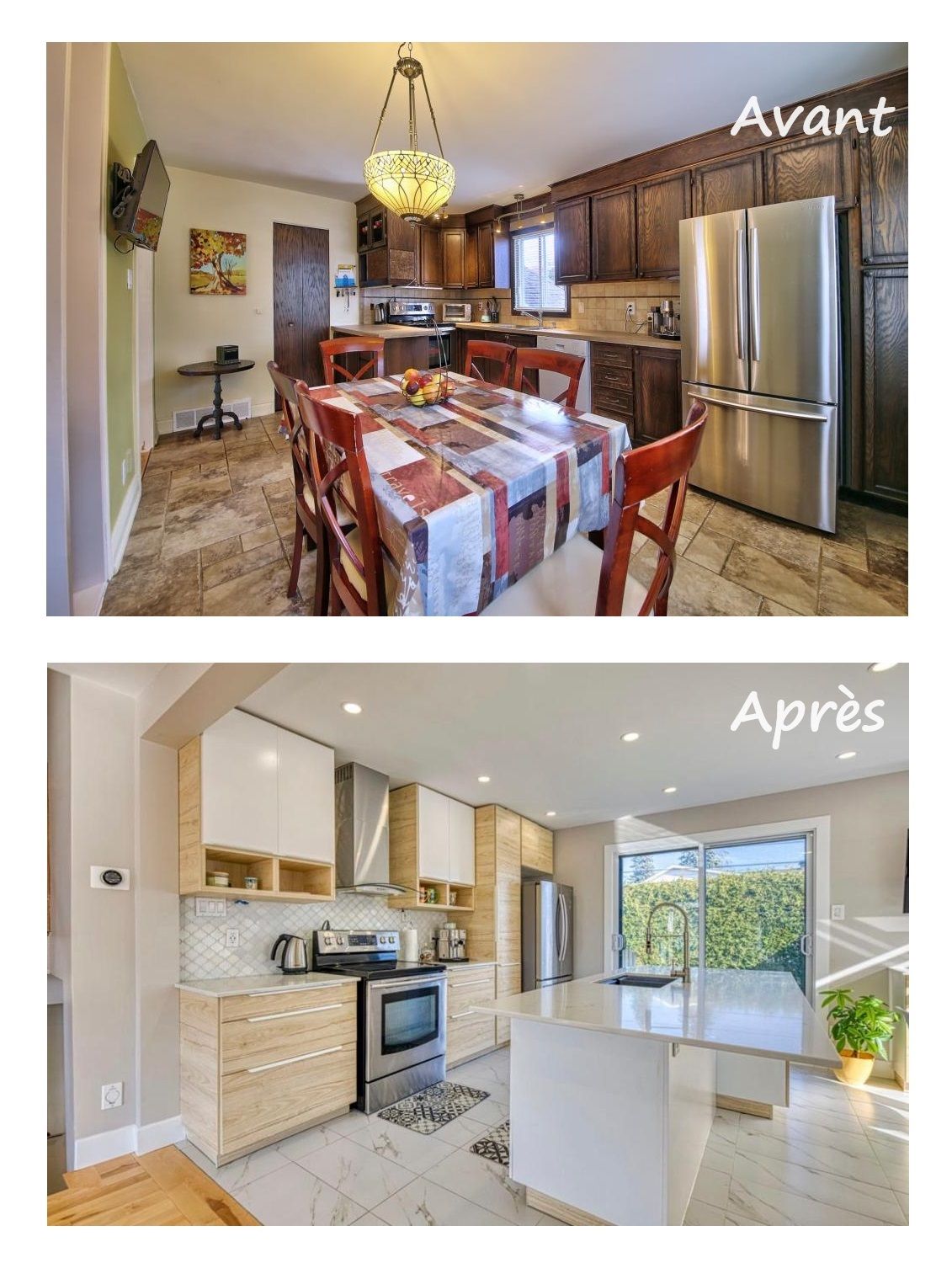 Photos avant et après rénovation d'une cuisine, montrant la transition d'armoires en bois foncé à un design moderne et lumineux.