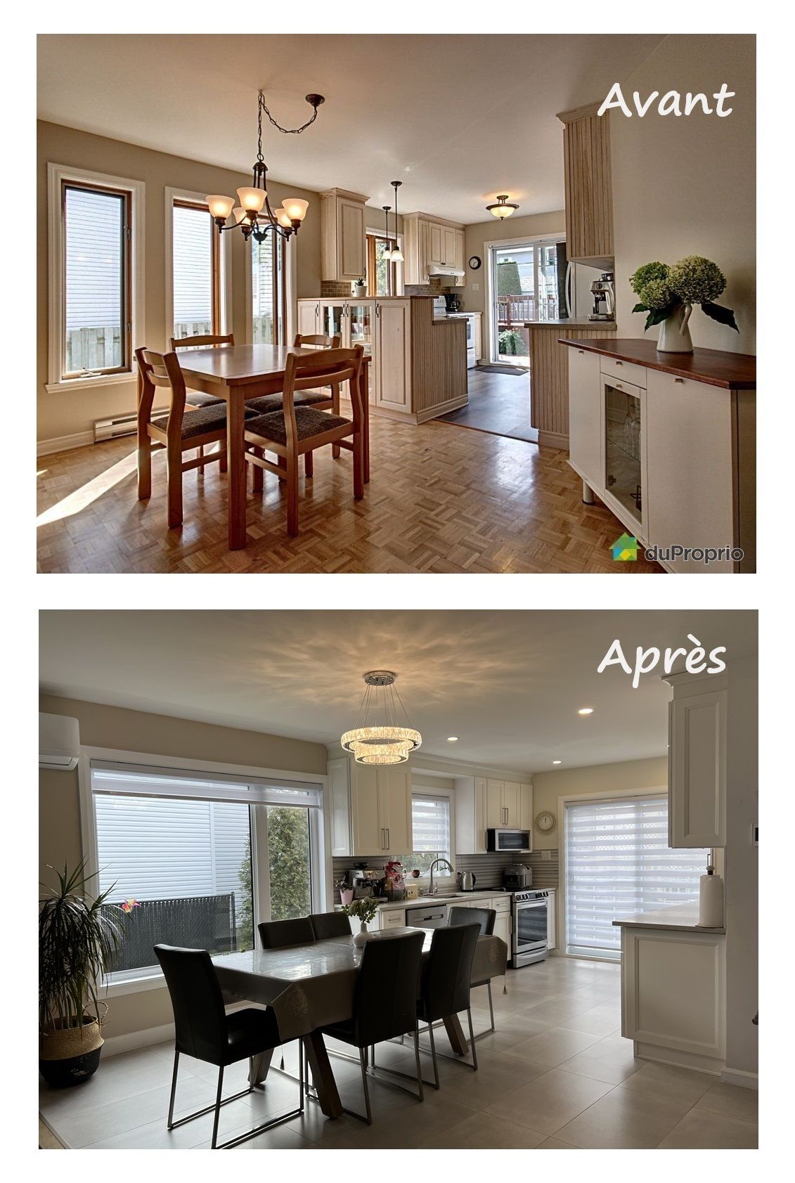 Comparaison avant et après rénovation d'une maison présentant une salle à manger et une cuisine modernisées avec des finitions blanches.